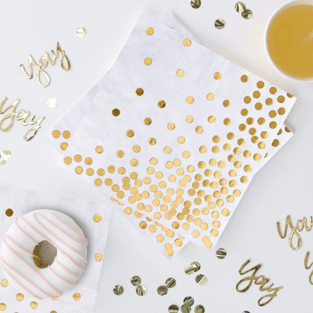 Set 20 de Servetele de Masa, Cyrax, Imprimeu cu Buline Aurii, din Hartie, 17 x 17 cm, Alb