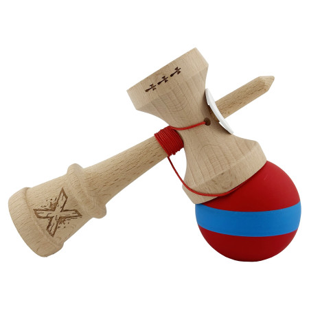 Kendama X Originala, Profesionala, Cyrax, Cupe Mari KING SIZE V3, Rubber Grip, Gaura in Baza, Rulment Metalic, din lemn 18 cm, Ata 62/65 cm, M Bicolor Rosu/Albastru