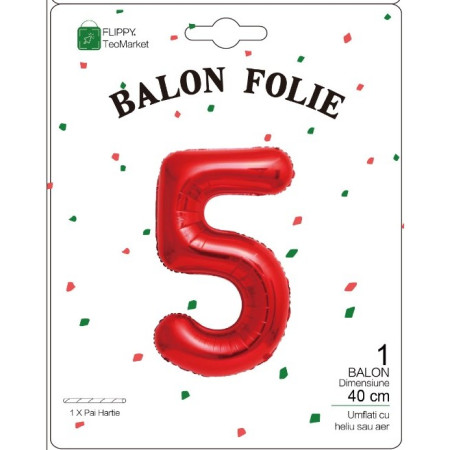 Balon din Folie Metalizata Cyrax, Figurina Cifra, Tema Aniversare 40 cm, Ambalaj Individual, Pai inclus, Umflare cu Aer sau Heliu, Rosu, Cifra 5