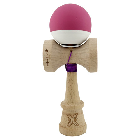 Kendama X Originala, Profesionala, Cyrax, Rubber Grip, Cupe Mari KING SIZE V3, Gaura in Baza, Rulment Metalic, din lemn 18 cm, Ata 62/65 cm, Bicolor Roz inchis/Alb