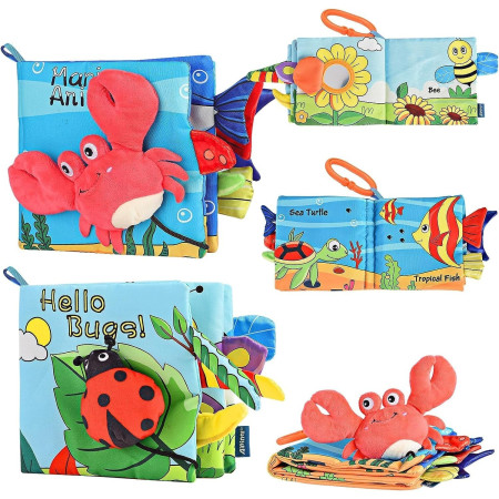 Carte Senzoriala, Cyrax, pentru Bebelusi, 15x16x4 cm, cu Animalute, 3D, Cu Sunete si Fosnete, 0-3 Ani, Model Crab, Multicolor