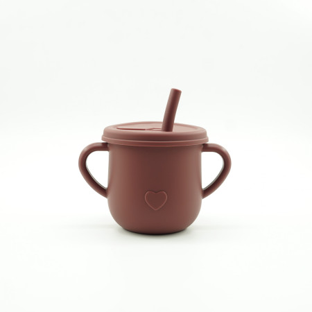 Set 8 piese diversificare bebelusi si copii din silicon Cyrax, baveta, farfurie compartimentata cu ventuza, bol cu ventuza, tacamuri din lemn si silicon, cana pentru gustari, fara alergeni, maro