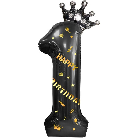 Balon din Folie Metalizata Cyrax, Figurina Cifra si Coroana, Scris Happy Birthday, Tema Aniversare 100 cm, Ambalaj Individual, Pai inclus, Umflare cu Aer sau Heliu, Negru, Cifra 1