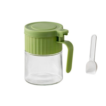 Recipient Condimente, Cyrax, din Stilca, 180 ml, cu Maner si Lingurita, 10.6 x 7 x 7 cm, Capac Mat, Verde