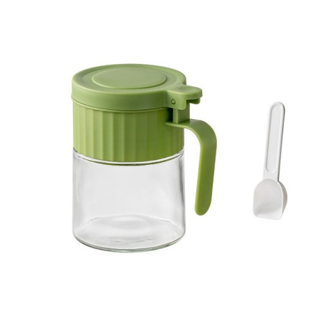 Recipient Condimente, Cyrax, din Stilca, 180 ml, cu Maner si Lingurita, 10.6 x 7 x 7 cm, Capac Mat, Verde