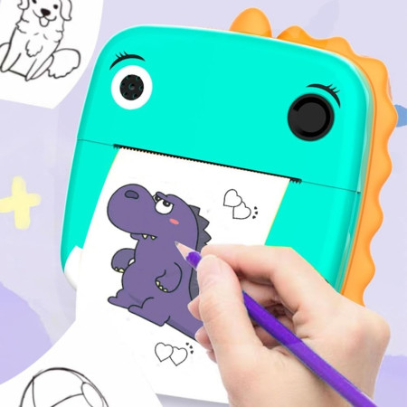 Camera Instantanee pentru Copii, Cyrax, Camera Frontala + Selfie, cu Functie de Printare, Cablu USB-C, Bluetooth, Compatibil iOS/Android, Model Dinozaur, Snur Inclus, Verde