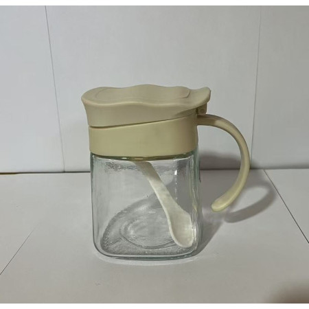 Recipient Condimente, Cyrax, din Stilca, 180 ml, cu Maner si Lingurita, 11.3 x 8.2 cm, Capac Ondulat, Alb