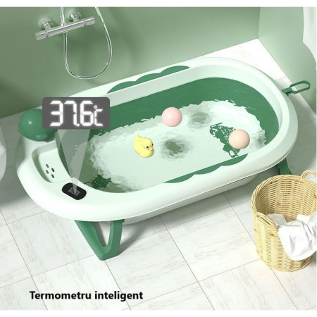 Cada de Baie, Cyrax, pentru Copii 0 luni - 6 Ani, cu Termometru, Pliabila, Perna Suport Inclusa, din Plastic, 81.5 x 49 x 21.5 cm, Verde