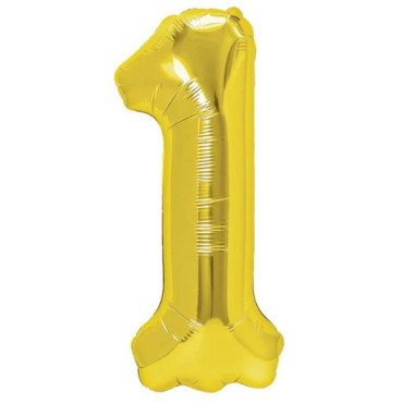Balon din Folie Metalizata Cyrax, Figurina Cifra, Tema Aniversare 40 cm, Ambalaj Individual, Pai inclus, Umflare cu Aer sau Heliu, Auriu, Cifra 1