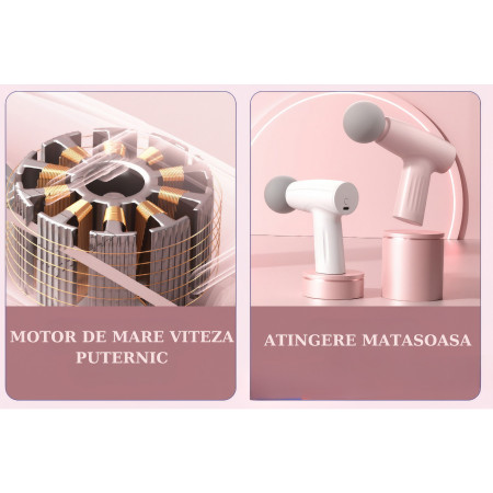 Mini Aparat de Masaj,  Tip Pistol, Incarcare USB Tip C, Portabil, Pentru Relaxare Musculara, Autonomie 120 Min, 3 Trepte de Viteza, Roz