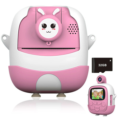 Camera Instantanee pentru Copii, Cyrax, cu Functie de Printare, Cablu USB-C, Bluetooth, Compatibil iOS/Android, Camera Frontala + Selfie, Model Iepure, Snur Inclus, Roz