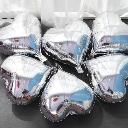 Balon din Folie Metalizata, Cyrax, Figurina Inimioara, Model Simplu, Tematica Iubire, 40 cm, Ambalaj Individual, Pai Inclus, Umflare cu Aer sau Heliu, Argintiu