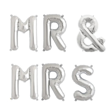Set Baloane din Folie Metalizata, Cyrax, Figurine Litere, Model MR&MRS, Tema Nunta, 40 cm, Baloane Party, Ambalaj Individual, Pai inclus, Umflare cu Aer sau Heliu, Argintiu