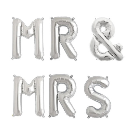 Set Baloane din Folie Metalizata, Cyrax, Figurine Litere, Model MR&MRS, Tema Nunta, 40 cm, Baloane Party, Ambalaj Individual, Pai inclus, Umflare cu Aer sau Heliu, Argintiu