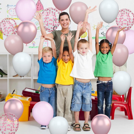 Set 16 Baloane din Latex Metalizate, Cyrax, Model Party, 30 cm, Alb, Roz, Roz Chrome, Transparent Confetti 2.8 g