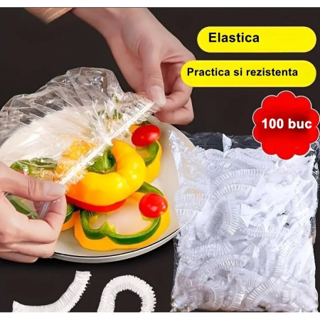 Set 100 Folie de Protectie Elastica pentru Alimente si Boluri Cyrax, material plastic, prospetime, diametrul 12 - 40 cm