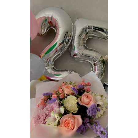 Balon din Folie Metalizata Cyrax, Figurina Cifra, Tema Aniversare 40 cm, Ambalaj Individual, Pai inclus, Umflare cu Aer sau Heliu, Argintiu, Cifra 5