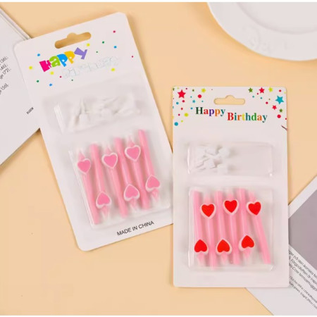 Set 6 Lumanari de Tort, Cyrax, Model Creion cu Inimioare, 5.9 x 1.1 cm, din Ceara, Roz