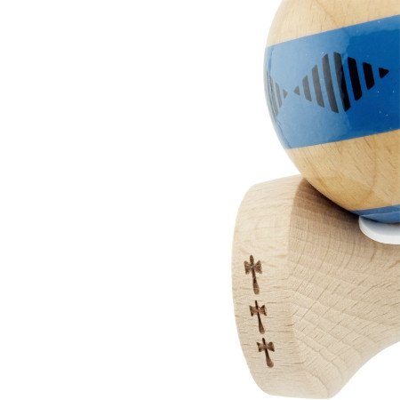 Kendama X Originala FREQUENCY, Profesionala, Cyrax, Cupe Mari KING SIZE V3, Super Sticky, Gaura in Baza, Rulment Metalic, din lemn 18 cm, Ata 55 cm, Albastru/Maro