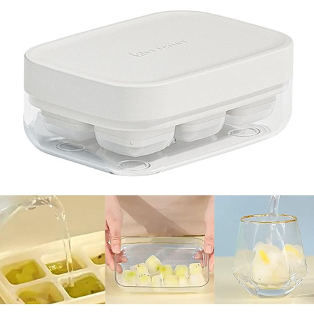 Forma pentru gheata cu presa Cyrax, din silicon alimentar, 6 cuburi, caserola pentru depozitare, usor de folosit si curatat, 10.5 x 7.5 x 4.1 cm, alb