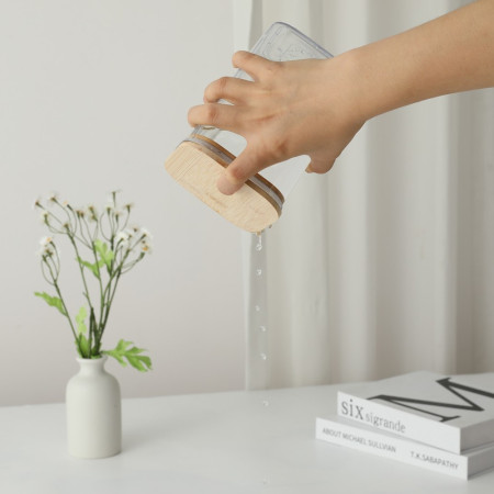 Cutie de Depozitare Alimente, Cyrax, Cutie de tip Container, Cutie pentru Cereale, din Plastic, Capac din Bambuc, 10 x 10 x 8 cm, Volum 0.5 L, Transparenta