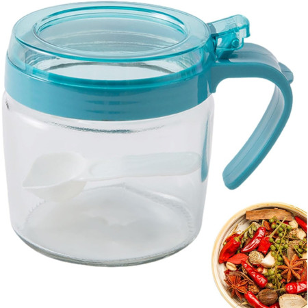 Recipient Condimente, Cyrax, din Stilca, 180 ml, cu Maner si Lingurita, 8 x 9 cm, Capac Transparent, Albastru