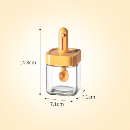 Recipient pentru Depozitarea Condimentelor, Cyrax, Borcan din Sticla, Capac si Lingura Incorporate, Uz Casnic, 300 ml, 7.1x7.1x14.8 cm, Portocaliu
