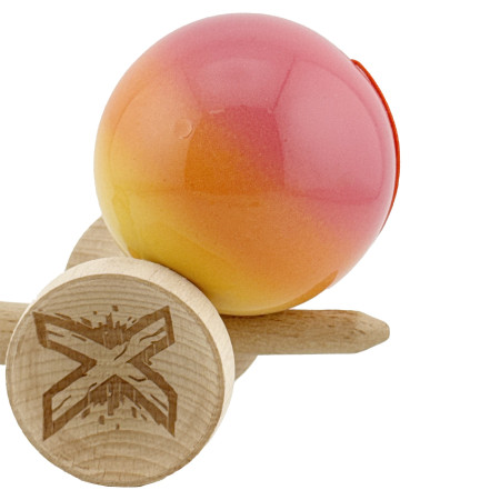 Kendama X Originala, Profesionala, Cyrax, Big Cups V2, Super Sticky Cupe Mari, Rulment Metalic cu Ata 55 cm, Roz/Portocaliu/Galben