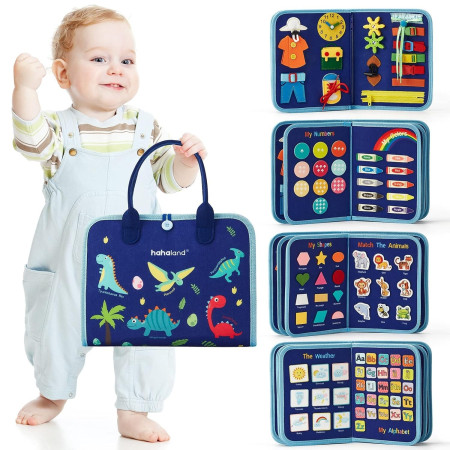 Carte Senzoriala Educativa Montessori, Cyrax, Dezvoltare Abilitati Motorii, 5 Pagini, Model Dinozauri, 28x22x7 cm, Albastru