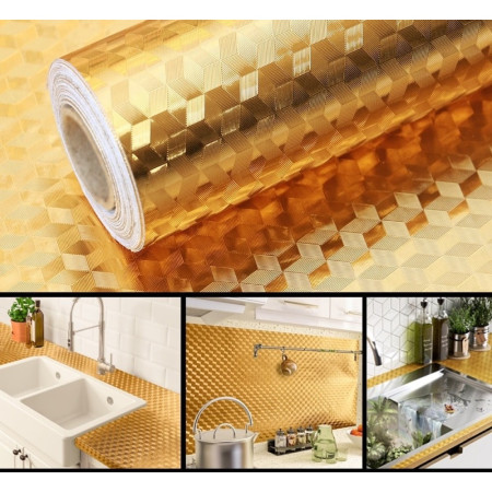 Autocolant de Bucatarie, Cyrax, Autoadeziv, Impermeabil, Rezistent la Temperaturi Ridicate, din PVC, 60 x 100 cm, Model Cub 3D, Auriu