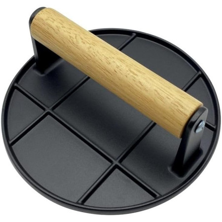 Presa Manuala pentru Carne, Cyrax, din Aliaj de Aluminiu, Maner din Lemn, Presa pentru Burgeri, Usor de Curatat si Folosit, Rotunda, 16x16x6 cm, Neagra