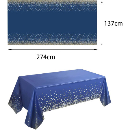 Fata de Masa, Cyrax, din PEVA, Imprimeu Buline Aurii, 137 x 274 cm, Impermeabila, Fara Pete, Curatare Rapida, Albastru Inchis