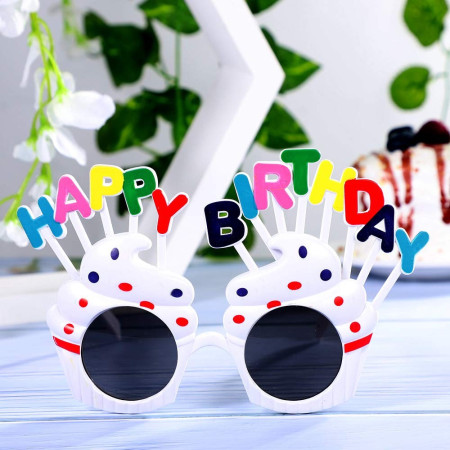 Ochelari Happy Birthday, Cyrax, Tematica Aniversare, Protectie Soare, din Plastic, Model Prajiturele, 18.5x11.5 cm, Alb