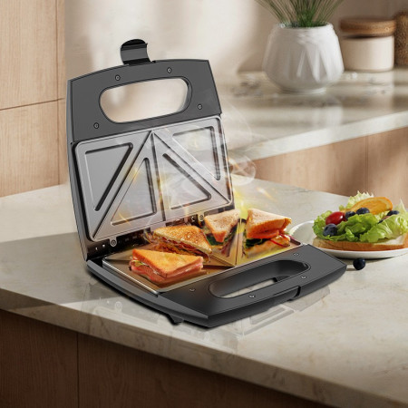 Sandwich Maker Cyrax, 24 x 23.5 cm, cu forme de triunghi si patrat, Cablu 80 cm, Material Interior Antiaderent, Inoxidabil, Maner Izolat Termic, 750W, 220 V, gri