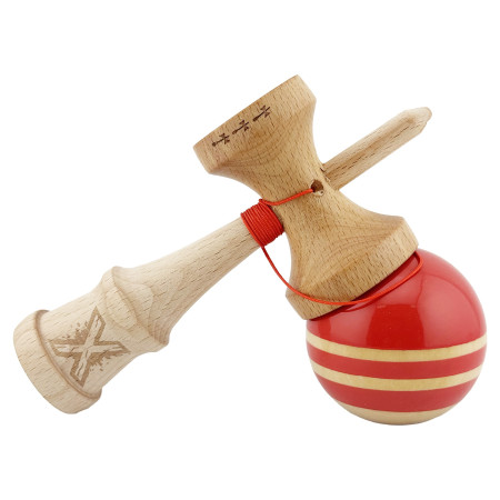 Kendama X Rainbow Originala, Profesionala, Cyrax, Big Cups V2, Super Sticky cu Cupe Mari, Rulment Metalic, din lemn 18 cm, Ata 55 cm, Rosu/Maro