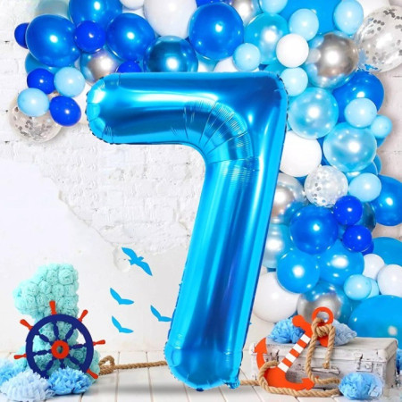 Balon din Folie Metalizata, Cyrax, Figurina Cifra, Tema Aniversare 80 cm, Ambalaj Individual, Pai inclus, Umflare cu Aer sau Heliu, Albastru, Cifra 7
