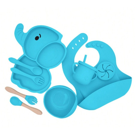 Set 10 Piese Servire Masa. Cyrax, pentru Bebelusi si Copii, din Silicon/Lemn, cu Ventuze Anti-alunecare, fara Alergeni. +6 Luni, Model Elefant, Albastru