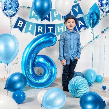 Balon din Folie Metalizata Cyrax, Figurina Cifra, Tema Aniversare 100 cm, Ambalaj Individual, Pai inclus, Umflare cu Aer sau Heliu, Albastru, Cifra 6