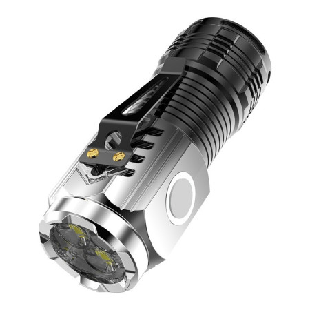 Lanterna cu 3 Nuclee Led,  Incarcare USB, Autonomie 4-20h, Raza Maxima 100-200 m, 5W, 4 x 4 x 9 cm, Suport de Agatat, Fund Magnetic, Argintiu
