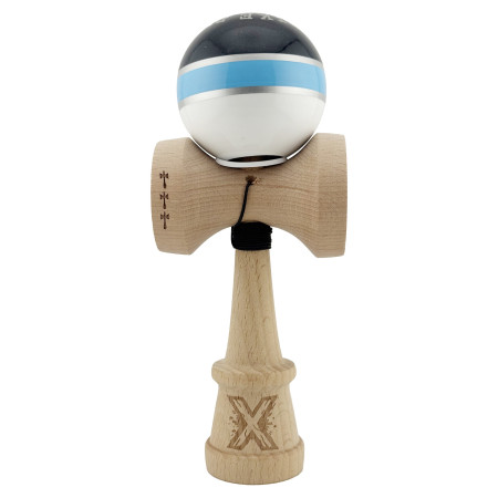 Kendama X Originala ROYAL SPIKE, Profesionala, Cyrax, Cupe Mari KING SIZE V3, Super Sticky, Gaura in Baza, Rulment Metalic, din lemn 18 cm, Ata 55 cm, Inel Albastru deschis