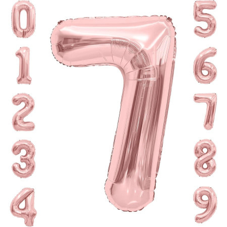 Balon din Folie Metalizata Cyrax, Figurina Cifra, Tema Aniversare 40 cm, Ambalaj Individual, Pai inclus, Umflare cu Aer sau Heliu, Rose Gold, Cifra 7