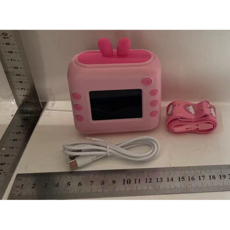 Set Camera Instantanee pentru Copii, Cyrax, Ecran HD 2.4'', 24MP, 720P Video, 1200 mAh, cu Functie de Printare Alb-Negru, cablu USB-C, Bluetooth, Compatibil iOS/Android, Imprimare APP, Model Iepure, Roz