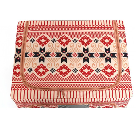 Cutie de Depozitare Pliabila,  66 L din Bumbac si In, 52 x 42 x 39 cm, Fereastra Frontala, 2 Usi de Acces cu Fermoar Bidirectional, Cadru Metalic, Suport Baza Stabil din Plastic, Motiv Traditional Model 5