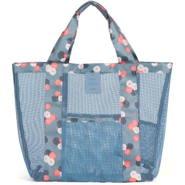 Geanta de Plaja, Cyrax, din Plasa Transparenta, Imprimeu Floral, 43 x 10 x 33 cm, Model pentru Umar, Lungime Inferioara 33 cm, Albastru