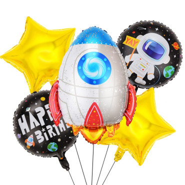 Set 5 baloane din folie metalizata HAPPY BIRTHDAY, Cyrax, Figurina Model Racheta, Stelute Galbene, Adeziv si pai incluse, 78 x 45cm, Galben Alb