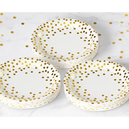 Set 10 Farfurii Unica Folosinta, Cyrax, Imprimeu cu Buline, din Carton, Diametru 18 cm, Alb/Auriu