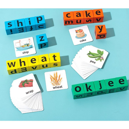 Joc cu Blocuri din Lemn, Cyrax, Formare Cuvinte, Cartonase cu Obiecte si Animale, Clopotel, Joc pentru 4 Persoane, 3 Ani+, 28x15.5x5 cm, Multicolor