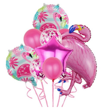Set Baloane party aniversare, Cyrax, din Folie de aluminiu si Latex, set din 10 baloane Flamigo Party, 1 stea, 5 baloane latex, 2 rotunde, 60 -90 cm, Roz
