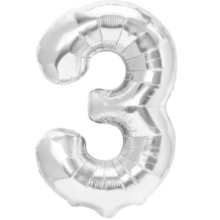 Balon din Folie Metalizata Cyrax, Figurina Cifra, Tema Aniversare 40 cm, Ambalaj Individual, Pai inclus, Umflare cu Aer sau Heliu, Argintiu, Cifra 3