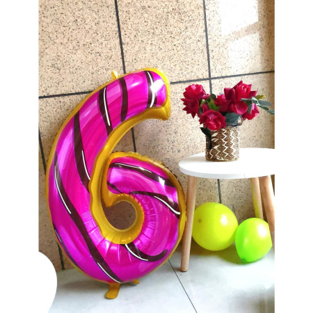 Balon din Folie Metalizata Cyrax, Figurina Cifra, Imprimeu Gogosi, Tema Aniversare 100 cm, Ambalaj Individual, Pai inclus, Umflare cu Aer sau Heliu, Multicolor, Cifra 6